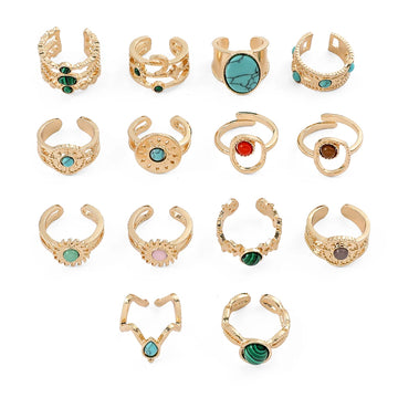 DAIIIBABYYY  -  Wholesale Vintage Setting Natural Stone Rings Gold Color Luxurious Emerald Rings Opening Boho Rings for Women Y2K Jewelry